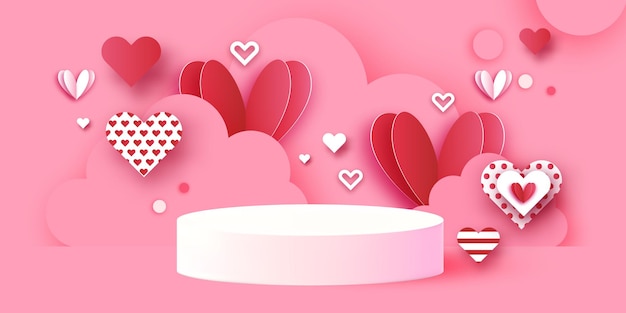 Valentijnsdag 3d podiumscène of voetstuk op roze achtergrond met hartpapier gesneden ambachtelijke vormen. studio voor mockup-ontwerp voor weergaveproducten. cirkels. vector
