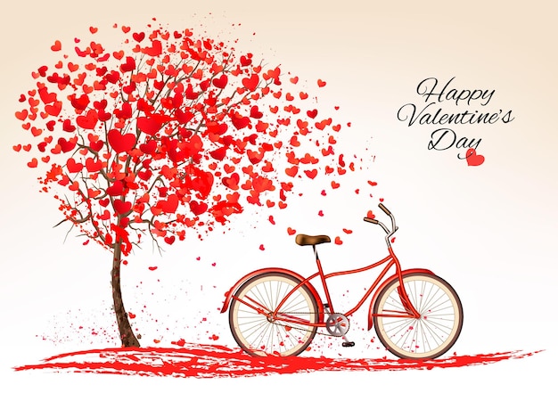 Valentijnsdag achtergrond met een fiets en een boom gemaakt van harten. vector.