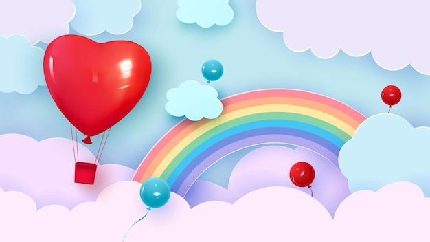 Valentijnsdag achtergrond met hartvormige ballon die door de wolken vliegt. romantische papierkunst in origamistijl. regenboog in de wolken. vector