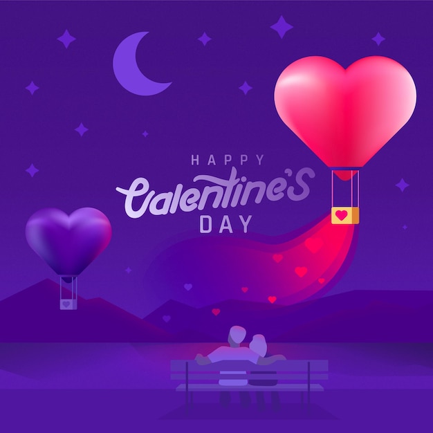 Valentijnsdag achtergrond met silhouet paar en hartvormige ballonnen.