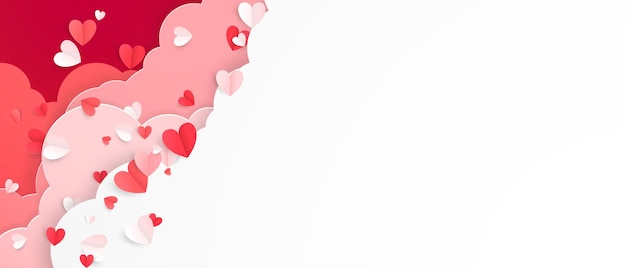 Vector valentijnsdag achtergrondontwerp met hart ballonnen en wolken papier gesneden stijl liefde festival vectorillustratie