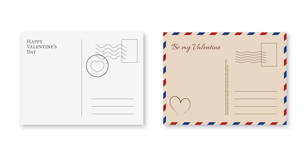 Valentijnsdag ansichtkaart romantische postkaarten met postzegels wit en beige papier achterkant en voorkant happy valentine dag groet en uitnodiging brief correspondentie voorbladsjabloon vector geïsoleerde set