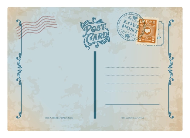 Vector valentijnsdag antieke briefkaart retro postzegel en vintage mail vector grunge papier textuur met romantische liefde thema merken en versieringen op vervaagde versleten achterkant achtergrond met lijnen