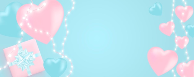 Valentijnsdag banner met glanzende lichtenslinger, gloeilampen, harten.