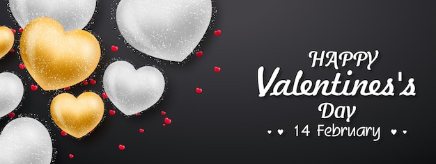 Valentijnsdag banner met hartjes op zwart