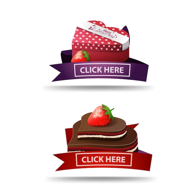 Valentijnsdag banner met lint, knop, geschenken en chocoladesuikergoed