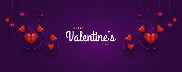 Valentijnsdag banner met paarse achtergrond en schattige rode hart illustratie