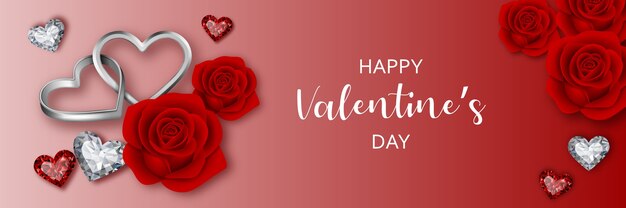 Valentijnsdag banner met rode rozen diamanten en hartvormige ringen