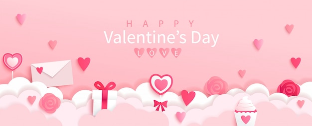Valentijnsdag banner met symbolen van vakantie-geschenken, harten, letters, bloemen op roze achtergrond met prettige vakantie, origami stijl wensen.