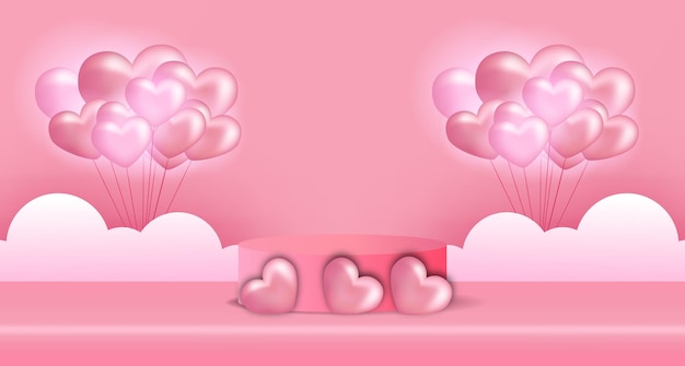 Valentijnsdag banner reclame met podium product display 3d cilinder en 3d hartvorm, hartvorm ballon illustratie