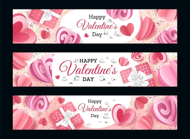 Valentijnsdag banners realistische romantische uitnodiging of wenskaarten papier gesneden harten en diamanten confetti en dozen voor cadeautjes posters met felicitatie tekst vector set