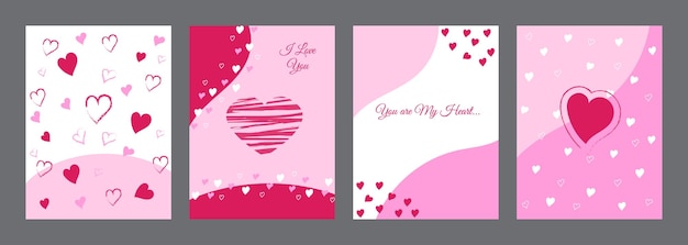 Valentijnsdag concept posters set. Vector illustratie. Platte rode en roze papieren harten met frame