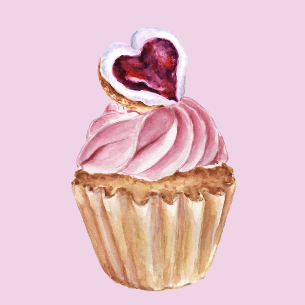 Valentijnsdag Cupcakes Waterverf illustratie van een cupcake met hartvormige koekjes