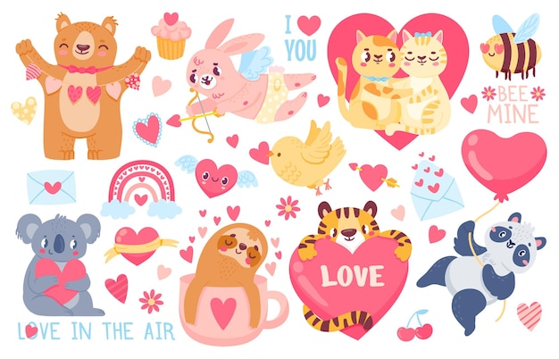 Valentijnsdag dieren. cupido-konijntje, huiskatten houden van een paar knuffels, tijgers, koala's en panda's met harten. happy valentines schattige sticker vector set. illustratie hou van schattige kat en panda, luiaard en tijger