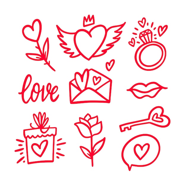 Valentijnsdag doodle elementen Rode kleur teken vector clip art