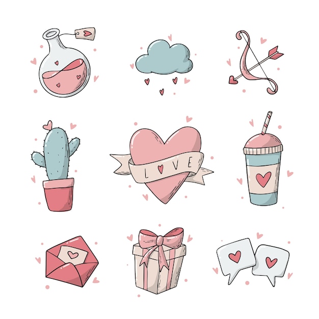 Valentijnsdag doodles stickers clipart