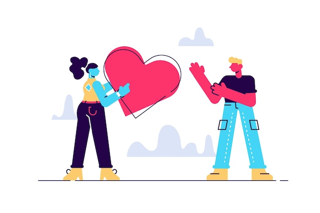 Valentijnsdag. Een jong personage stuurt een groot rood hart naar een ander.