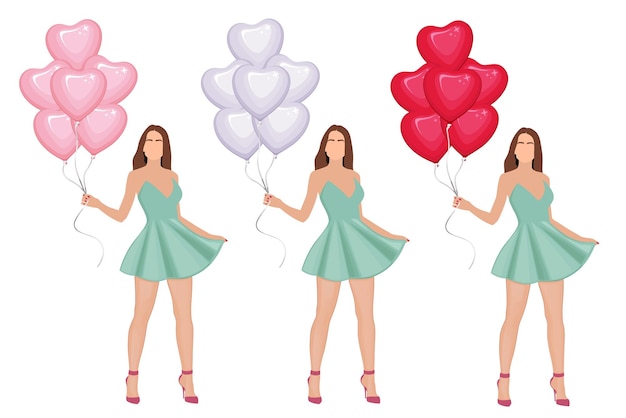 Valentijnsdag element, vrouw met ballonnen. Valentijnsdag ontwerpconcept