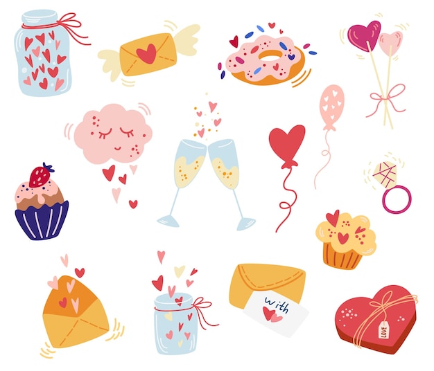 Valentijnsdag elementen collectie. Harten, snoepjes, brieven, champagne, ringen, cupcakes, cadeaus. Sjabloon voor kaarten en bannerontwerp, stickers, wenskaarten. Hand tekenen vectorillustratie.