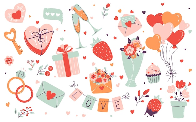 Valentijnsdag elementen vector set geschenken harten enveloppen desserts bloemen boeketten en sloten geïsoleerd op witte hebben vlakke stijl cartoon vectorillustratie