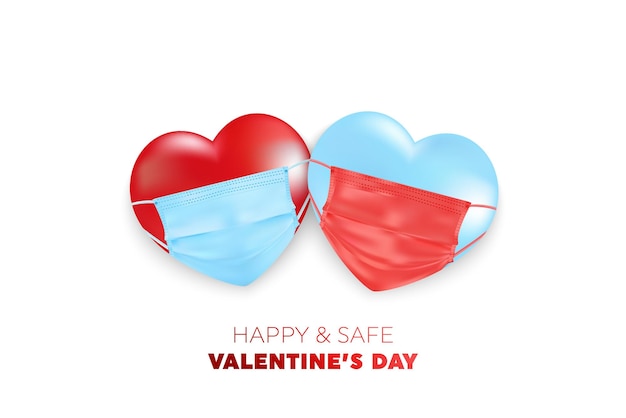 Valentijnsdag en COVID-19 met symbool van hart van medisch masker op rode achtergrond.