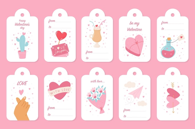 Valentijnsdag etiketten tags collectie versierd met doodles en tekst voor geschenken decor afdrukken