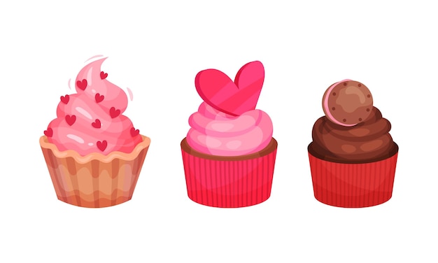 Valentijnsdag feestelijke kenmerken en symbolen met cupcakes vector set