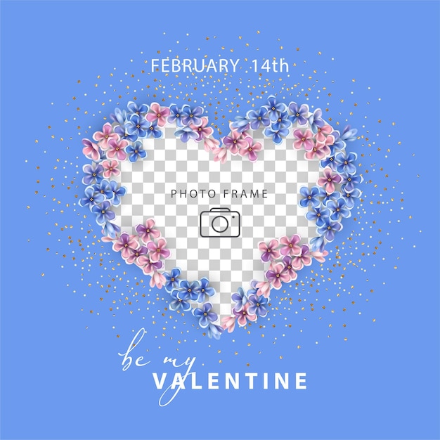 Valentijnsdag. Fotolijstje in de vorm van een hart omzoomd door roze en blauwe bloemetjes