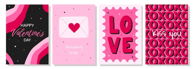 Vector valentijnsdag groetkaart set handgetekende trendy cartoon hart liefde letters vector