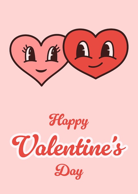 Vector valentijnsdag groovy groeting card leuke poster met schattige hart personages