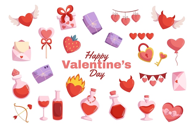 Valentijnsdag grote collectie met feestelijke elementen liefdesdrank flessen verschillende harten met vleugel vlam letters en envelop Vector cartoon stijl illustratie