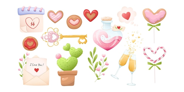 Valentijnsdag grote icon set. Valentijnskoekjes, cactus, champagne, liefdesdrankje, koekjes, liefdessleutel.