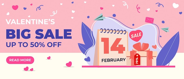 Valentijnsdag grote uitverkoop tot 50 korting winkel nu omslagsjabloon voor spandoek met 14 februari kalender en geschenken.
