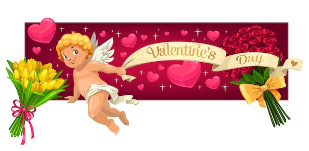 Valentijnsdag harten bloemen en Cupido engel