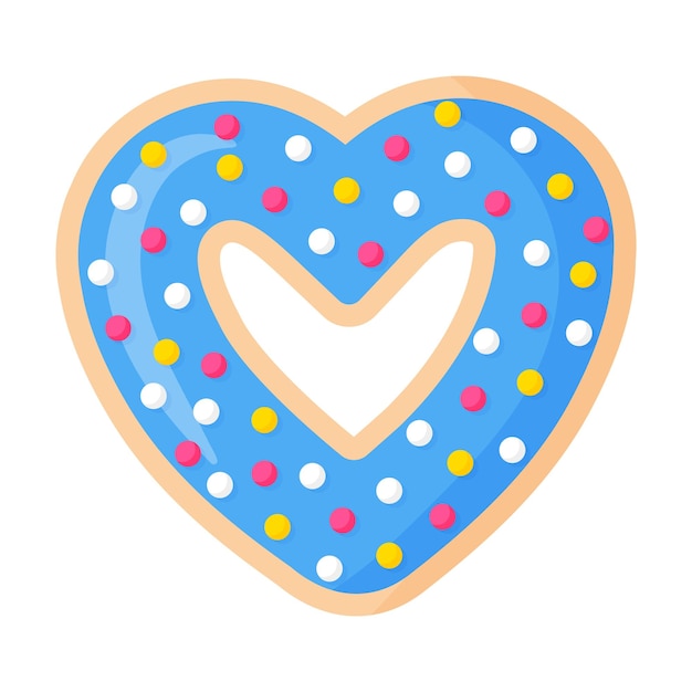 Valentijnsdag hartvormige blauwe donut met slagroom en gebak topping. vector cartoon geïsoleerde illustratie.