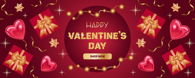 Valentijnsdag Heldere verkoopbanner realistische stijl Glanzend ballonhart Gouden sterren en linten Geschenkdozen Sprankelende glitterletters kerstverlichting Voor reclame website poster flyer