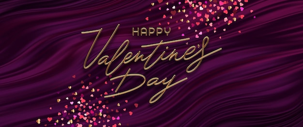 Valentijnsdag illustratie. Realistische gouden metalen kalligrafie en hartvormige confetti op paarse vloeiende golven achtergrond.