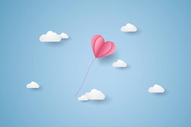 Valentijnsdag, illustratie van liefde, roze hartballon die in de blauwe lucht vliegt, papierkunststijl