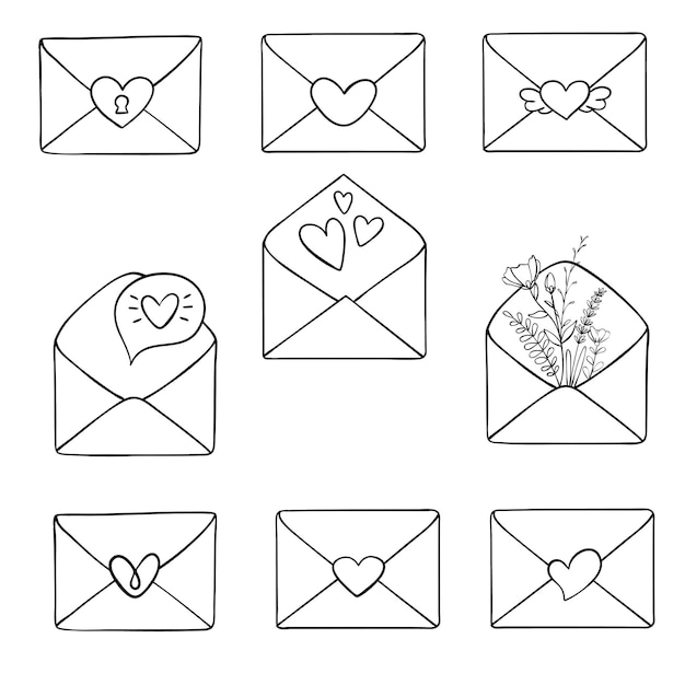 Valentijnsdag illustraties Envelop met harten stempels en harten liefde ansichtkaart met letters Vliegend hart met vleugels Vectorillustratie