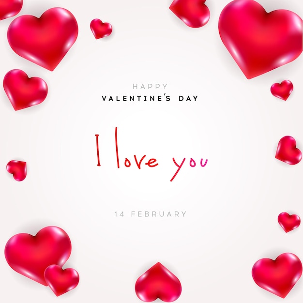 Valentijnsdag kaart. Ik houd van je. 14 februari. Realistische harten. witte achtergrond