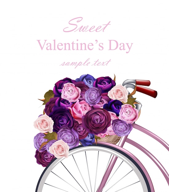 Valentijnsdag kaart met fiets en bloemen boeket vector. wenskaart romantisch ontwerp