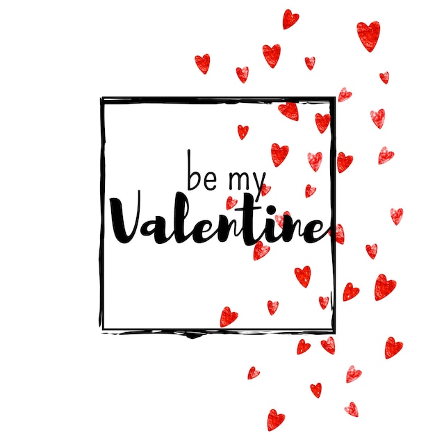 Valentijnsdag kaart met rode glitter harten 14 februari Vector confetti voor Valentijnsdag kaartsjabloon Grunge hand getekende textuur Liefdesthema voor speciale zakelijke aanbieding banner flyer