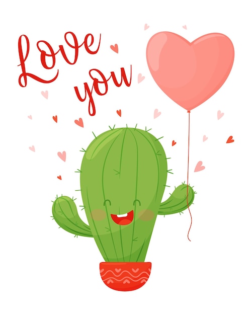 Valentijnsdag kaart. schattige cartoon cactus met hartvormige ballon en belettering.