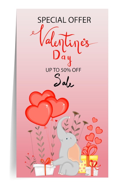 Valentijnsdag kortingskaart met een schattige olifant Cartoon stijl vectorillustratie