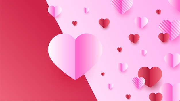 Valentijnsdag liefde achtergrond Illustratie rode en roze papieren harten met papier gesneden stijl