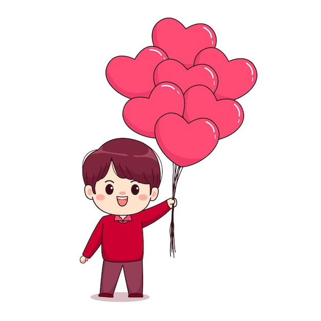 Valentijnsdag liefde teken schattige jongen met ballonnen kawaii chibi karakter ontwerp