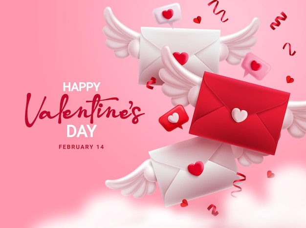 Valentijnsdag liefdesbrief vector ontwerp. Happy Valentijnsdag tekst met vliegende liefdesbrief envelop