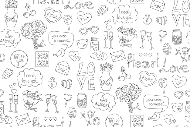 Valentijnsdag lineaire doodle naadloze patroon romantische achtergrond eindeloze sjabloon herhalen sieraad