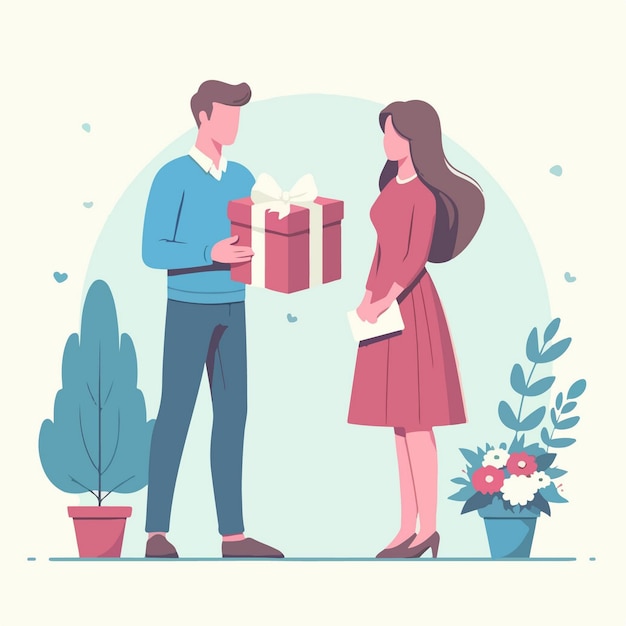 Valentijnsdag man geeft geschenkdoos aan meisje verliefde paar vector in cartoon stijl