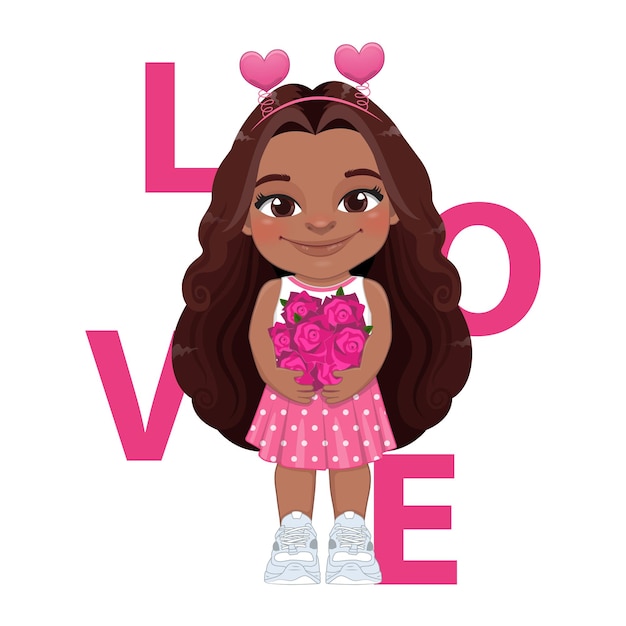 Valentijnsdag met Amerikaans Afrikaans meisje knuffelen boeket rozen stripfiguur ontwerp vector